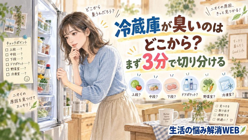冷蔵庫を開けて臭いの発生場所を確認し、原因を切り分けている女性のイラスト