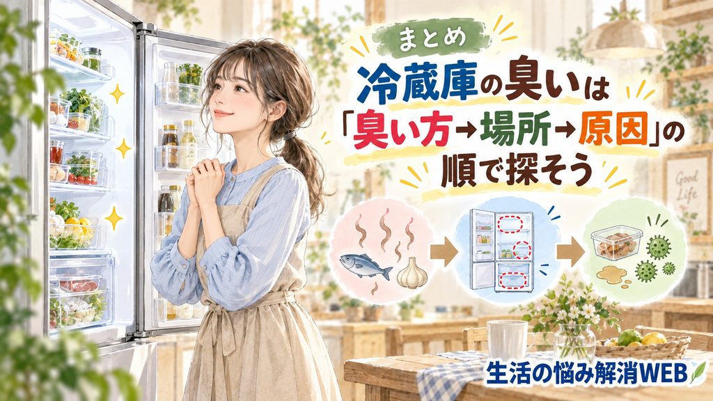冷蔵庫の臭いを臭い方・場所・原因の順に確認し、発生源を特定する流れを表したイラスト
