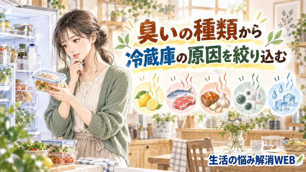 酸っぱい臭い・生臭さ・強い食品臭・カビ臭・氷や水の臭いから冷蔵庫の原因を絞り込む女性のイラスト