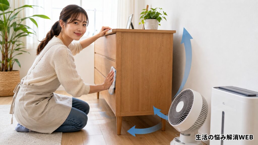 明るい室内で家具を壁から離し、送風と除湿をしながら家具裏のカビ対策をしている若い女性