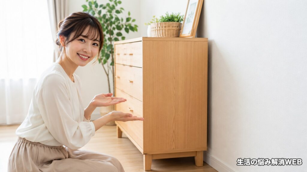 清潔で風通しの良い室内で、家具と壁の間にすき間を作ってカビ対策後に安心している若い女性の写真