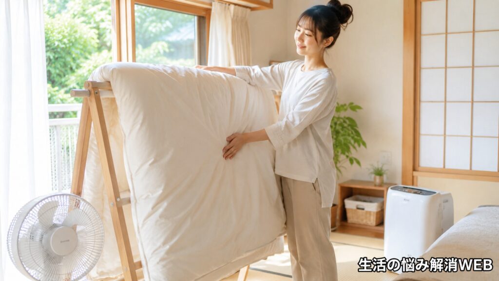 明るい和室で布団を立てかけて乾燥させ、換気と除湿でカビ対策をしている若い女性