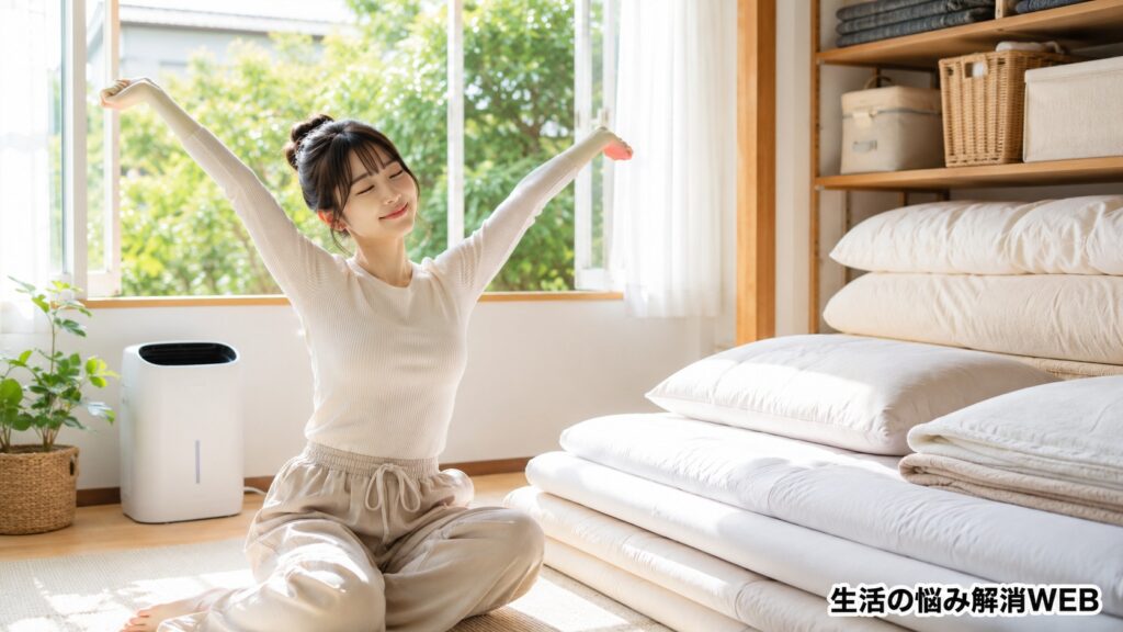 清潔に整えた寝具のそばで、風通しの良い部屋の中で気持ちよく伸びをしている若い女性