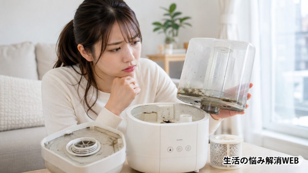 汚れた加湿器のタンクやフィルターを確認し、カビやぬめりに悩む女性