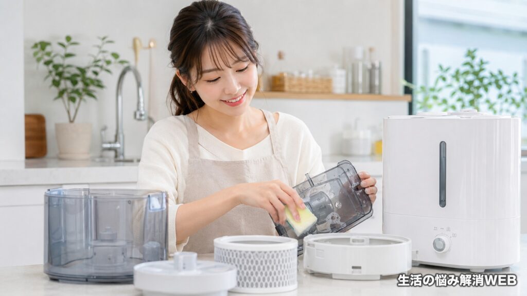 加湿器のタンクやトレー、フィルターを分解して丁寧に掃除する女性