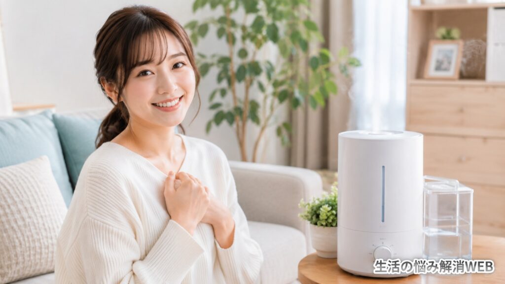 清潔な加湿器を使い、快適で明るいリビングで安心して過ごす女性