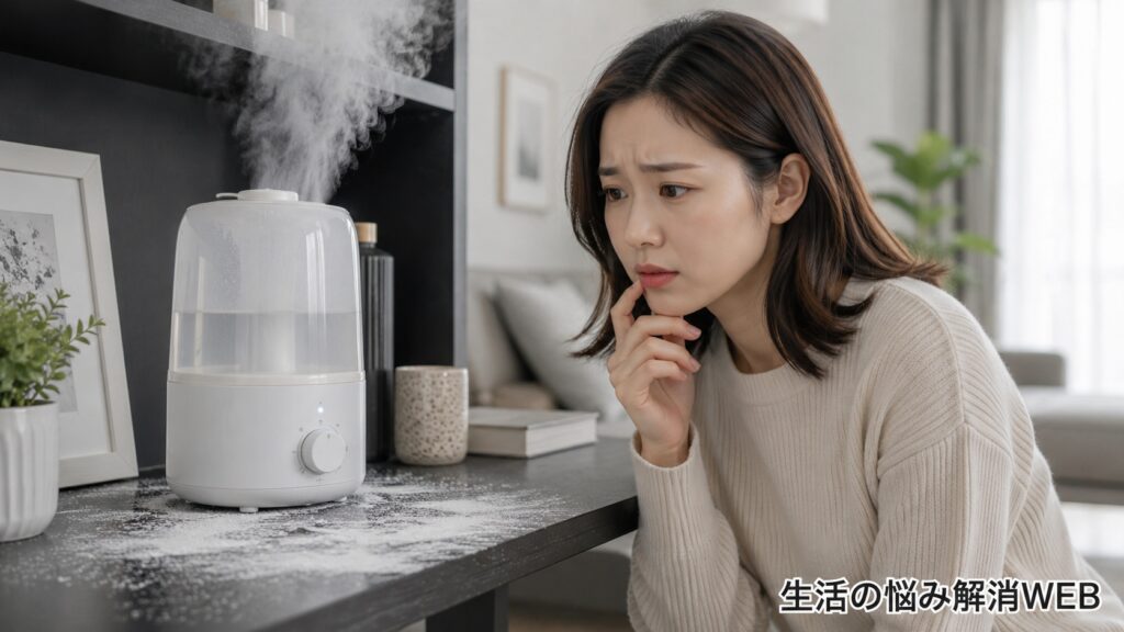 加湿器のまわりに付いた白い粉を見ながら、原因を気にしている女性