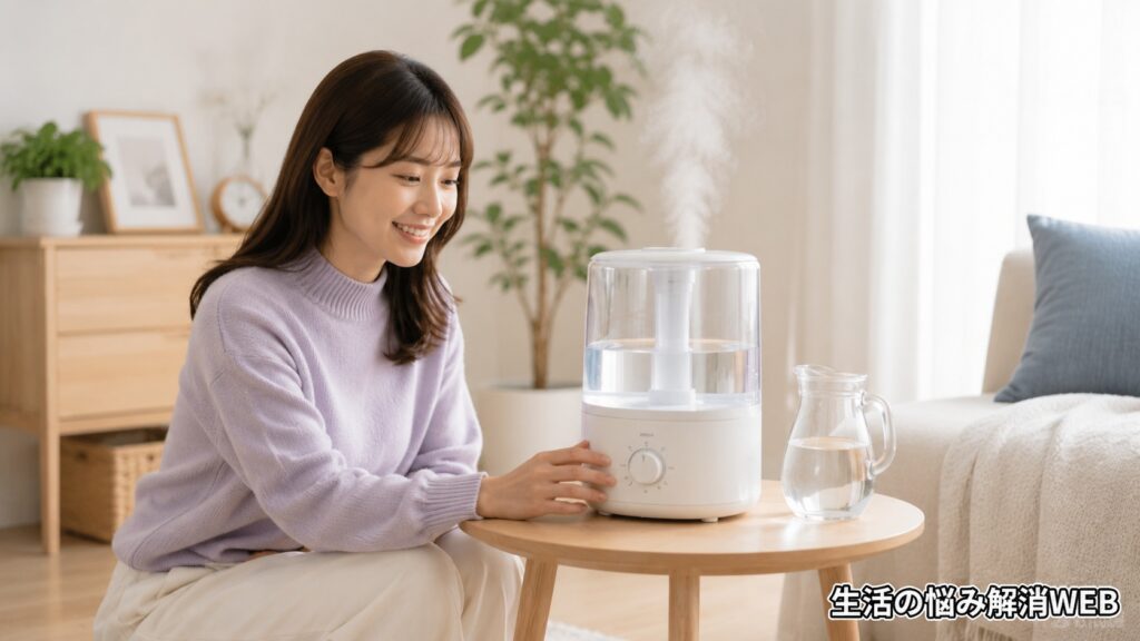 加湿器の使い方を見直しながら、白い粉対策を意識している女性