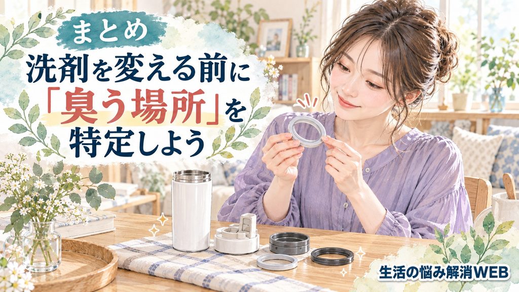 洗剤を変える前に水筒を分解し、臭いの発生場所を特定する女性のイラスト