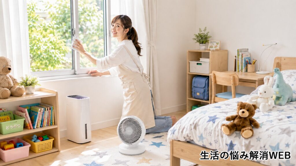 明るい子供部屋で窓を開け、換気と除湿をしながらカビ対策をしている若い女性