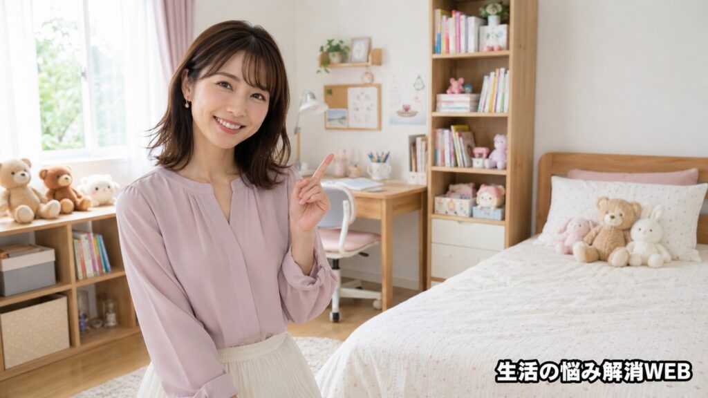 ぬいぐるみや本が整った清潔な子供部屋で、笑顔で指を差して案内する若い女性