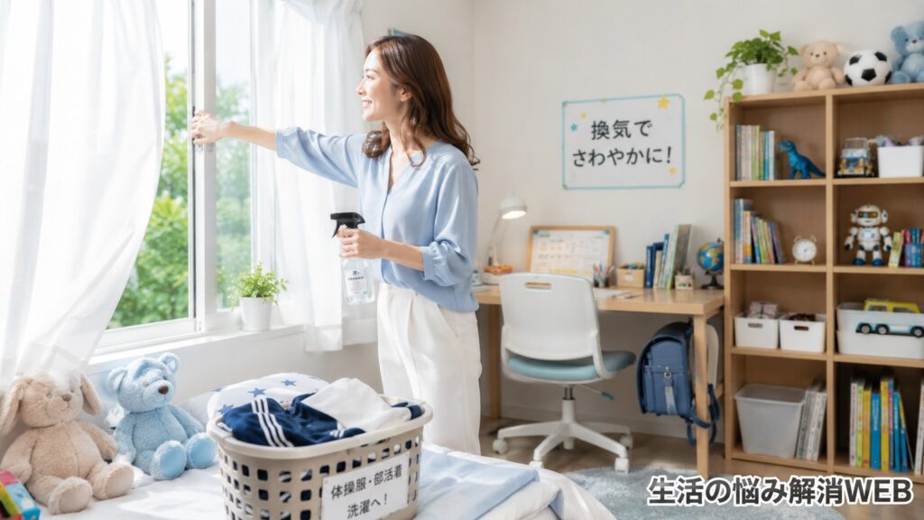 明るい子供部屋で窓を開け、スプレーを持ちながら換気する若い女性