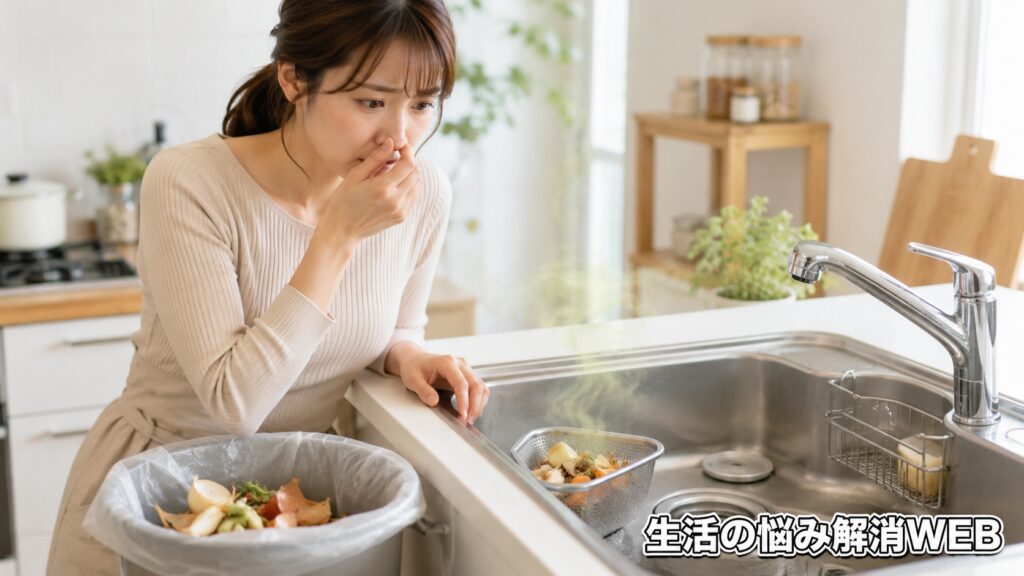 キッチンのシンクと生ゴミから出る嫌な臭いに困り、鼻を押さえる若い女性