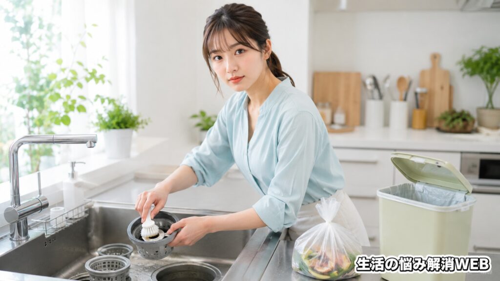 明るいキッチンで排水口のパーツをブラシで掃除し、生ゴミ臭や排水口臭の対策をする若い女性