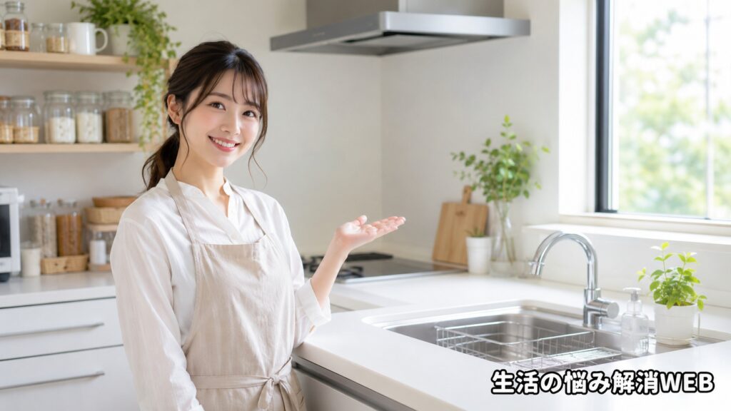 清潔で明るく整えられたキッチンで、カビ対策後の快適な空間を紹介している若い女性