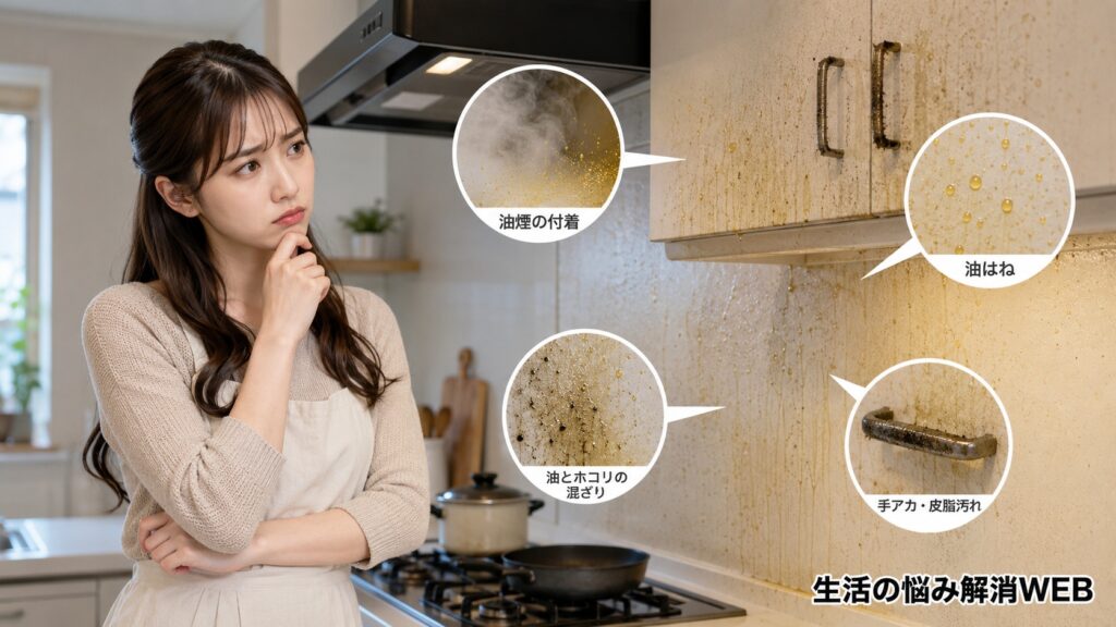 油煙や油はね、ホコリ混じりの汚れ、手アカによるベタつきが付いたキッチン壁と戸棚を見て悩む若い女性の様子