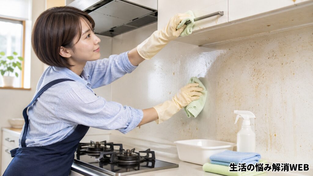 手袋を着けた若い女性が、油汚れの付いたキッチンの壁と戸棚をクロスで丁寧に拭き掃除している様子