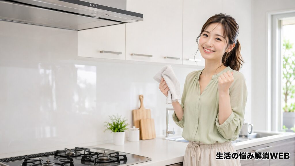掃除後のきれいなキッチン壁と戸棚の前で、タオルを持ちながら満足そうに微笑む若い女性の様子