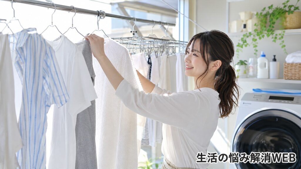 明るい洗濯スペースで衣類を間隔を空けて干し、乾きやすく整える女性
