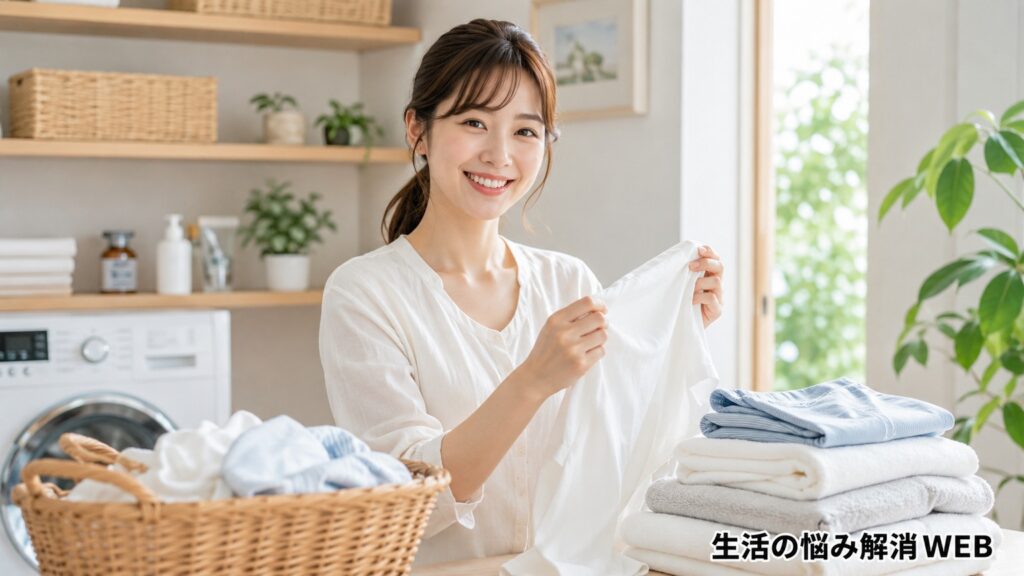 清潔なランドリールームで畳んだ洗濯物を手に持ち、笑顔を見せる女性