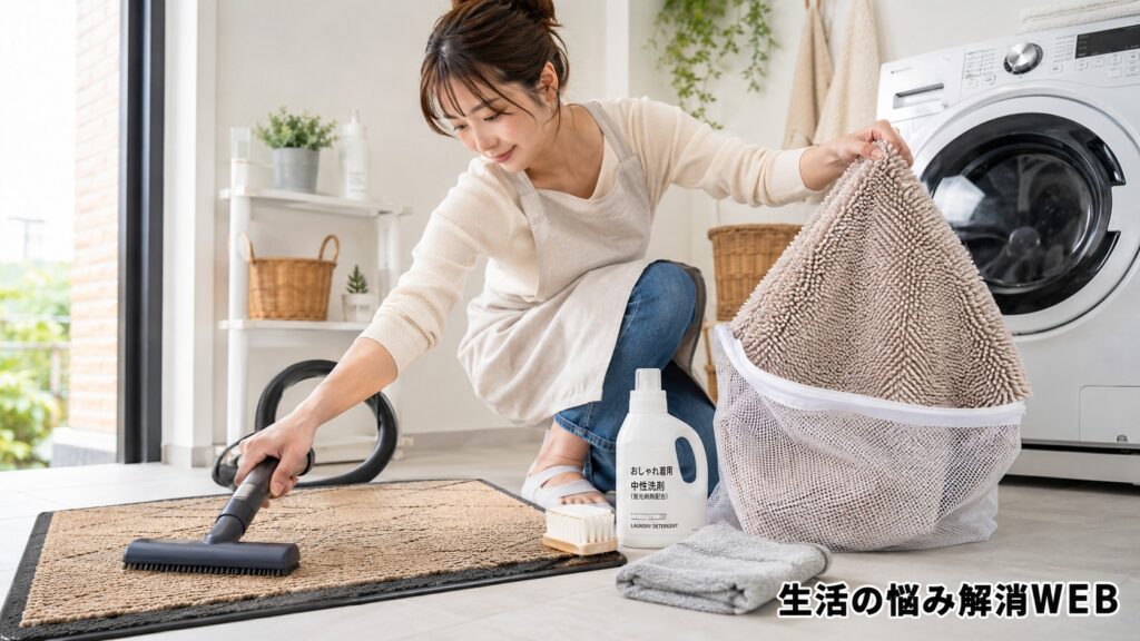 玄関マットを掃除機で掃除し、バスマットを洗濯準備する女性
