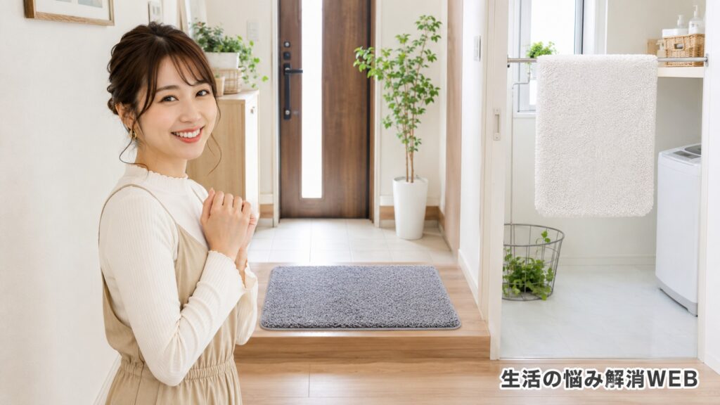 清潔な玄関マットと干したバスマットに満足する女性