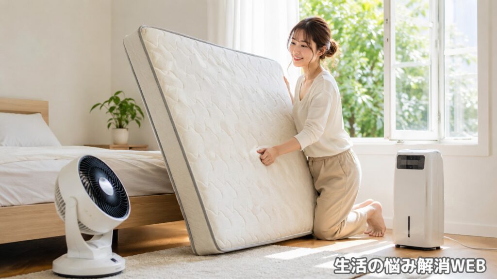 明るい寝室でマットレスを立てかけ、換気と除湿でカビ対策をしている若い女性