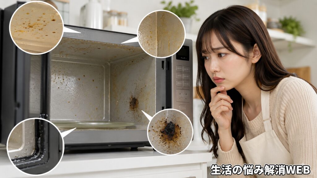 食品の飛び散りや油膜、焦げ、水分残りが付いた電子レンジの庫内を見て、原因を考えている若い女性の様子