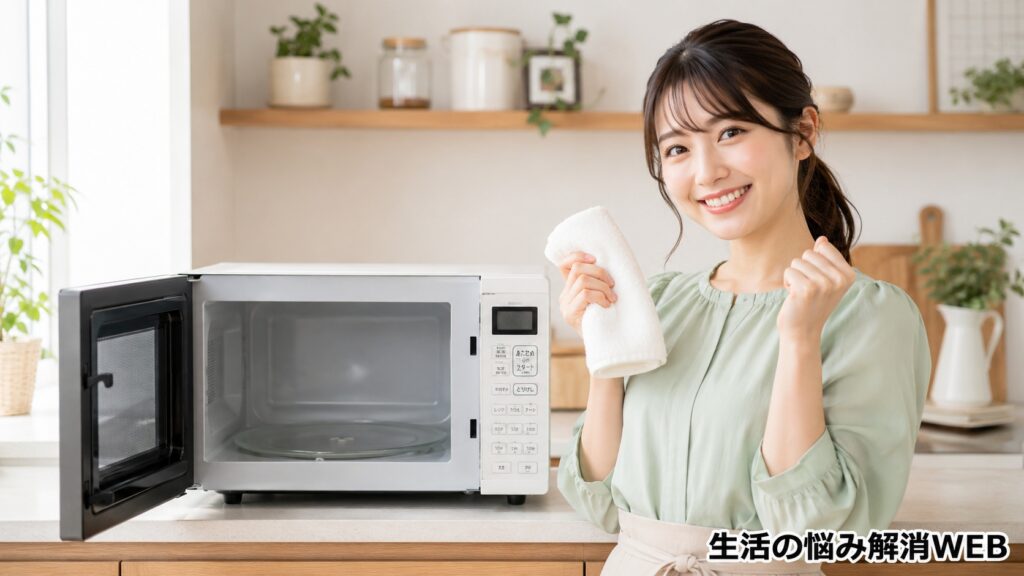 掃除後のきれいな電子レンジの前で、タオルを持ちながら満足そうに微笑む若い女性の様子