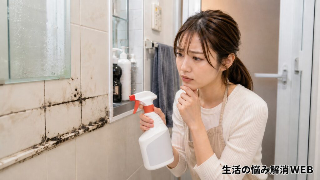 浴室の黒カビを前に、無地のカビ取りスプレーを持って使い方に悩む女性