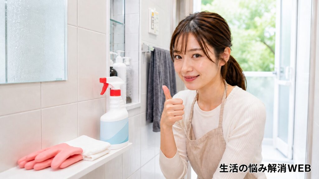 掃除後の清潔な浴室で、無地の掃除スプレーや手袋を用意して笑顔を見せる女性