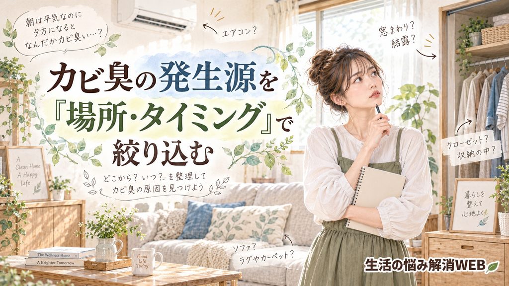 カビ臭の発生源を場所やタイミングから絞り込むため、窓やエアコン、収納を確認する女性のイラスト
