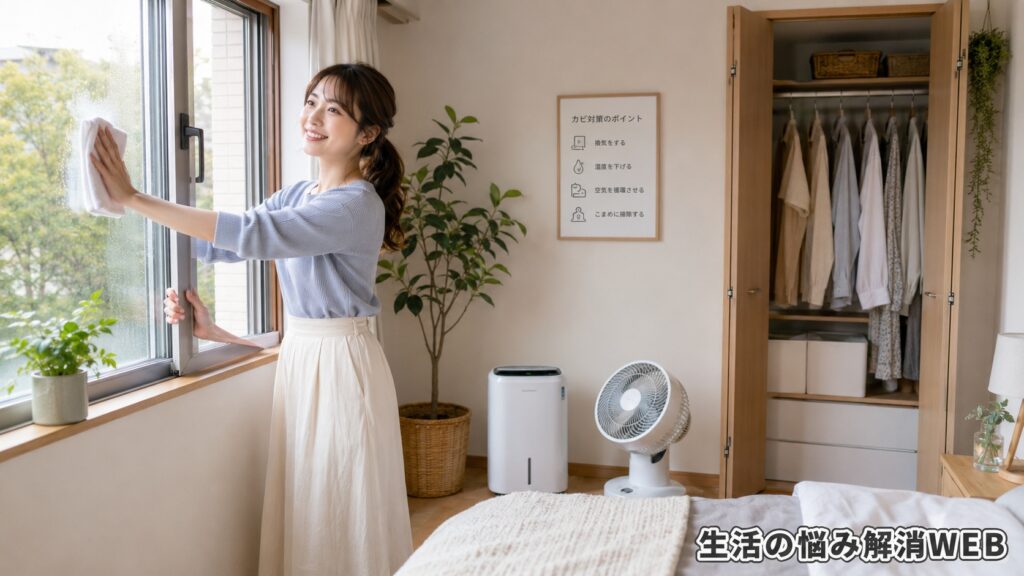 明るい北側の部屋で、窓の掃除と換気をしながら除湿機やサーキュレーターでカビ対策をする女性