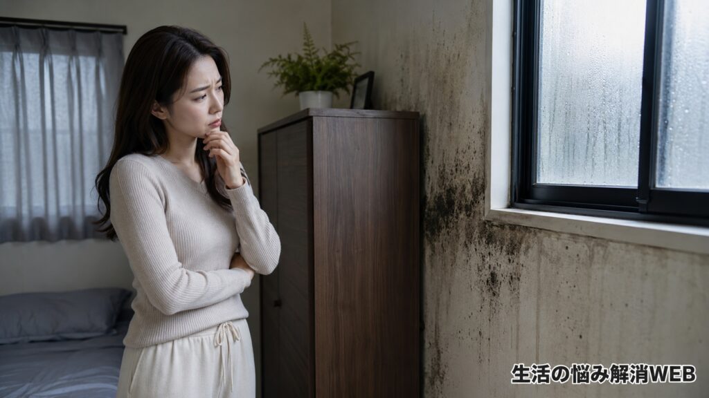 北側の部屋で、結露した窓と壁に広がる黒カビを前に不安そうに確認する女性
