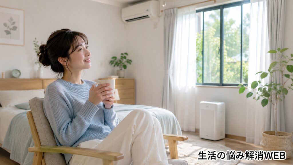 除湿機を置いた清潔な北側の部屋で、明るい窓辺を眺めながら安心してくつろぐ女性