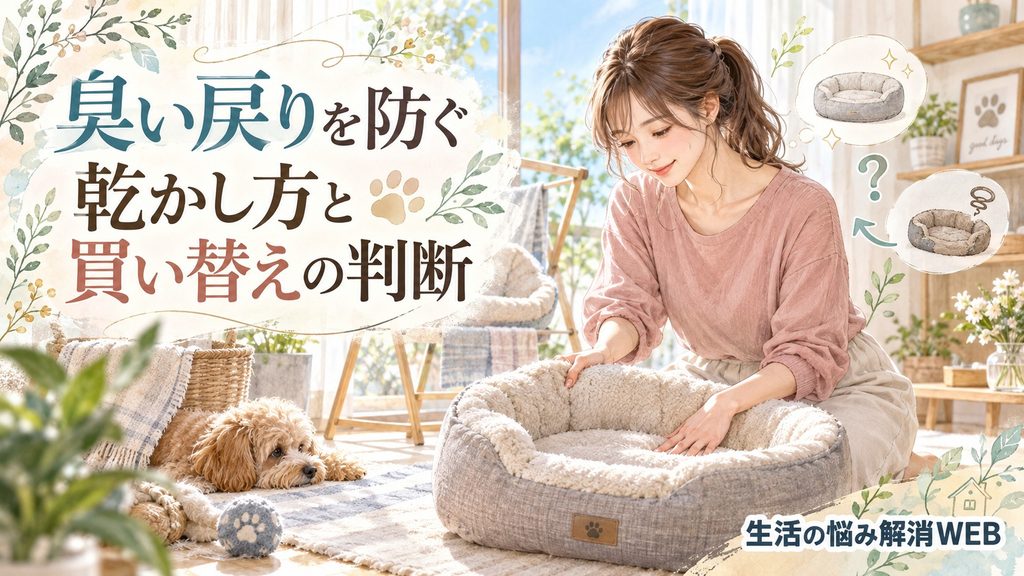 ペットベッドを乾かしながら臭い戻りと買い替えの判断をする女性のイラスト