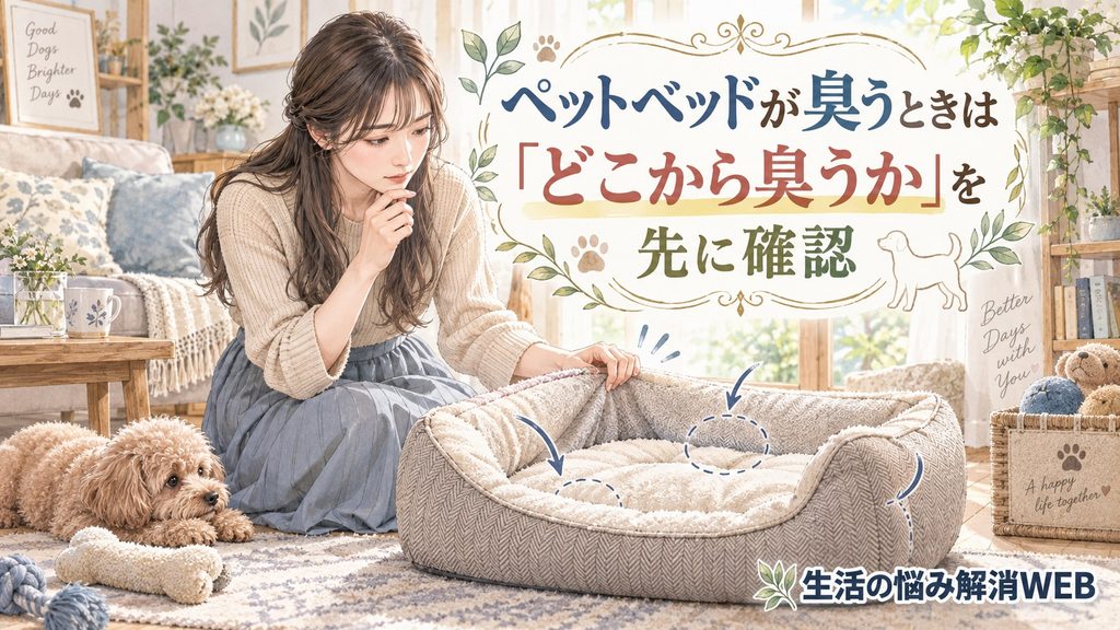 ペットベッドのカバーや中材、底面を確認しながら臭いの発生場所を探す女性のイラスト