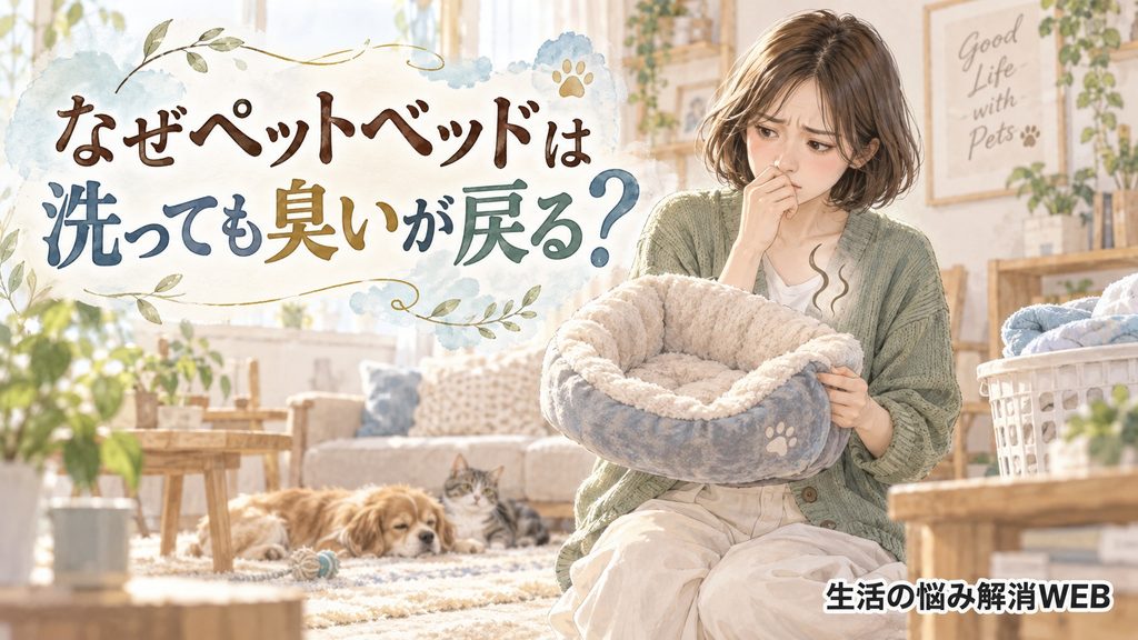 洗ったペットベッドを手に持ち、臭いが戻る原因を確認する女性のイラスト