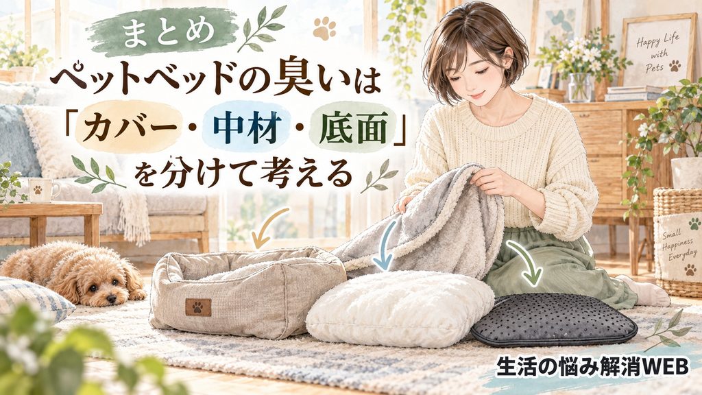 ペットベッドをカバー・中材・底面に分けて臭い対策を確認する女性のイラスト