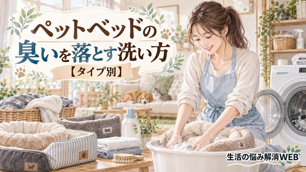 ペットベッドのタイプに合わせて洗濯や手洗いをする女性のイラスト