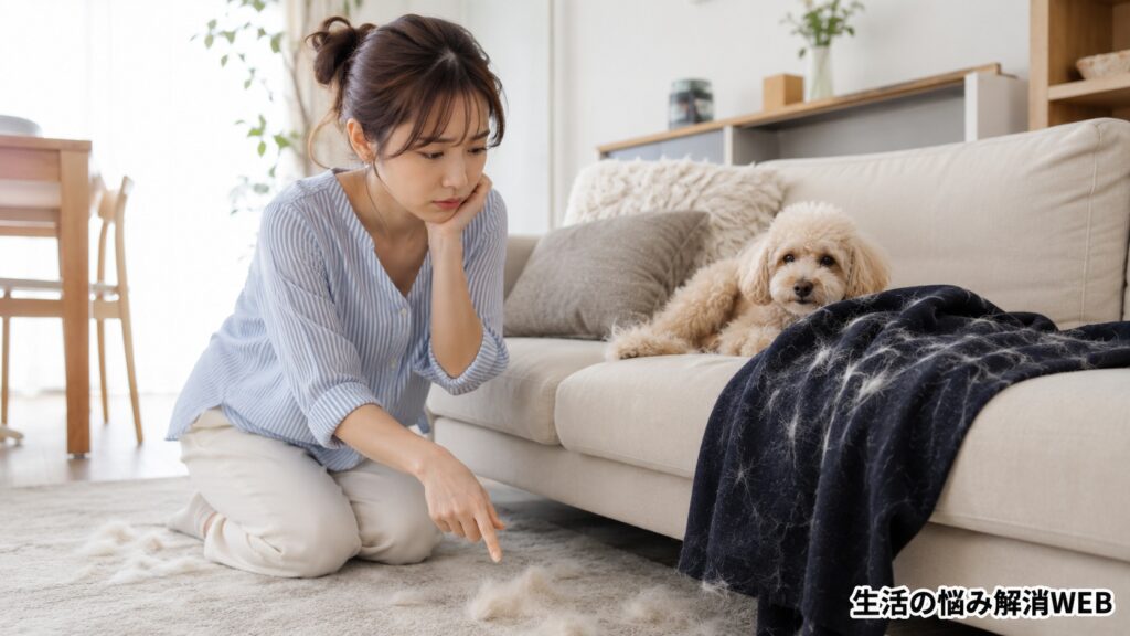 ソファや床に落ちたペットの毛を見て、掃除方法に悩んでいる女性