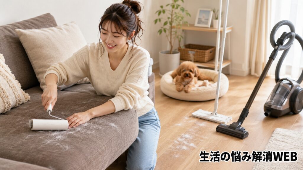 コロコロや掃除機を使って、ソファや床のペットの毛を掃除している女性