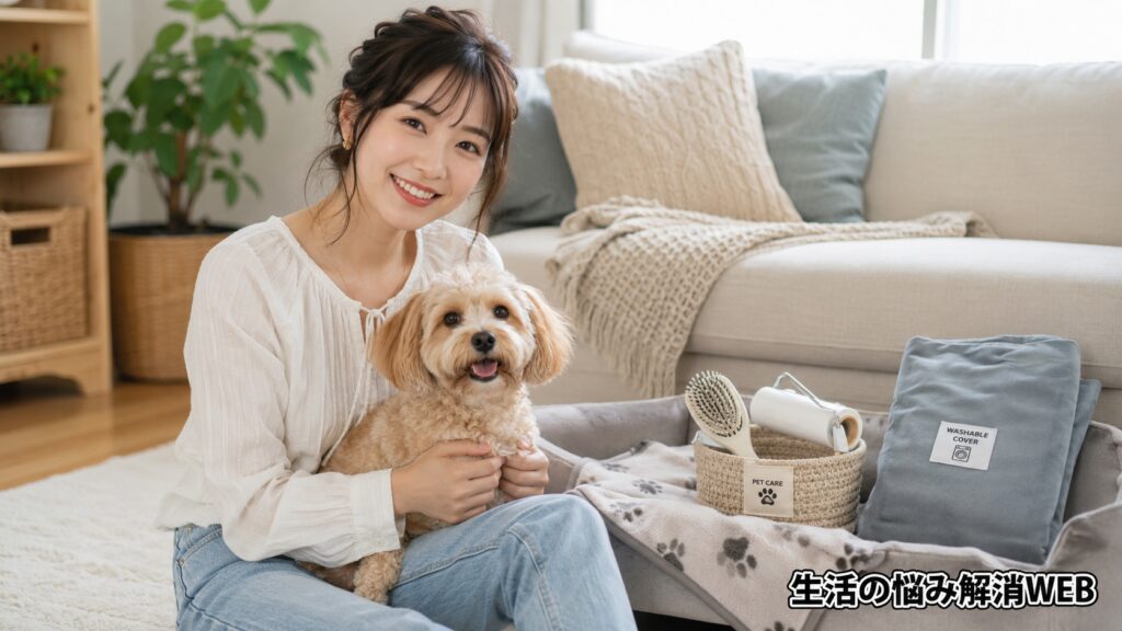 犬とくつろぎながら、ブラシや洗えるカバーでペットの毛対策をしている女性