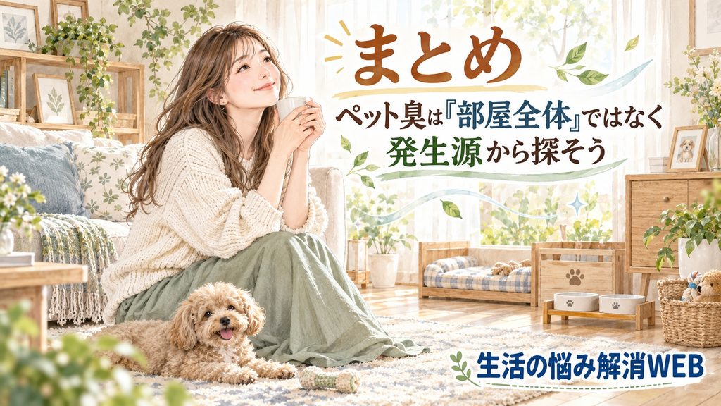 ペット臭は部屋全体ではなく発生源から探すことを示す清潔なリビングと女性・愛犬のイラスト