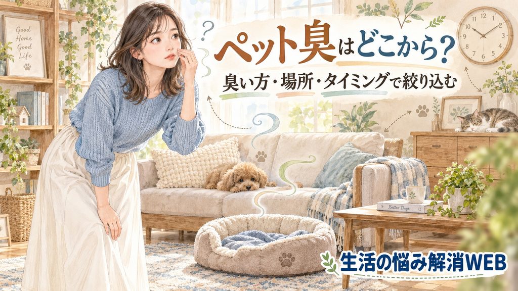 ペット臭の発生源を臭い方・場所・タイミングから探す女性と犬のイラスト
