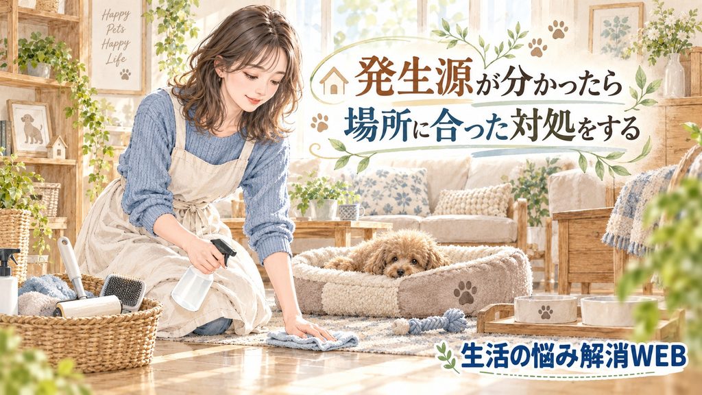 ペット臭の発生源を特定して場所に合った掃除や対処をする女性のイラスト