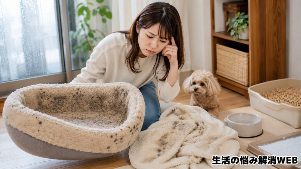 カビの付いたペットベッドや毛布を見て、不安そうに確認する女性と小型犬