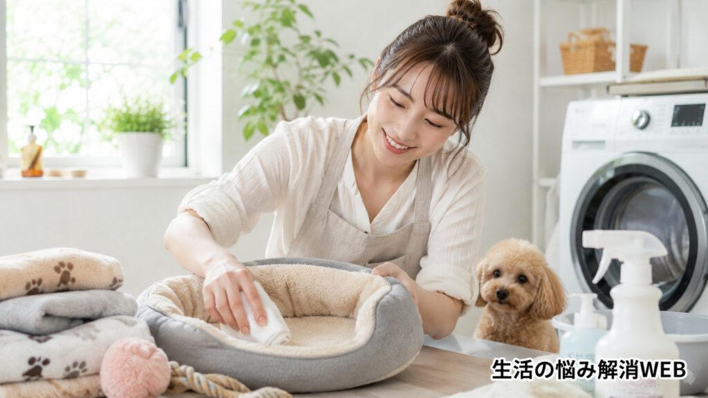 ペットベッドを布で拭き掃除しながら、洗濯や清掃用品を使ってお手入れする女性と小型犬