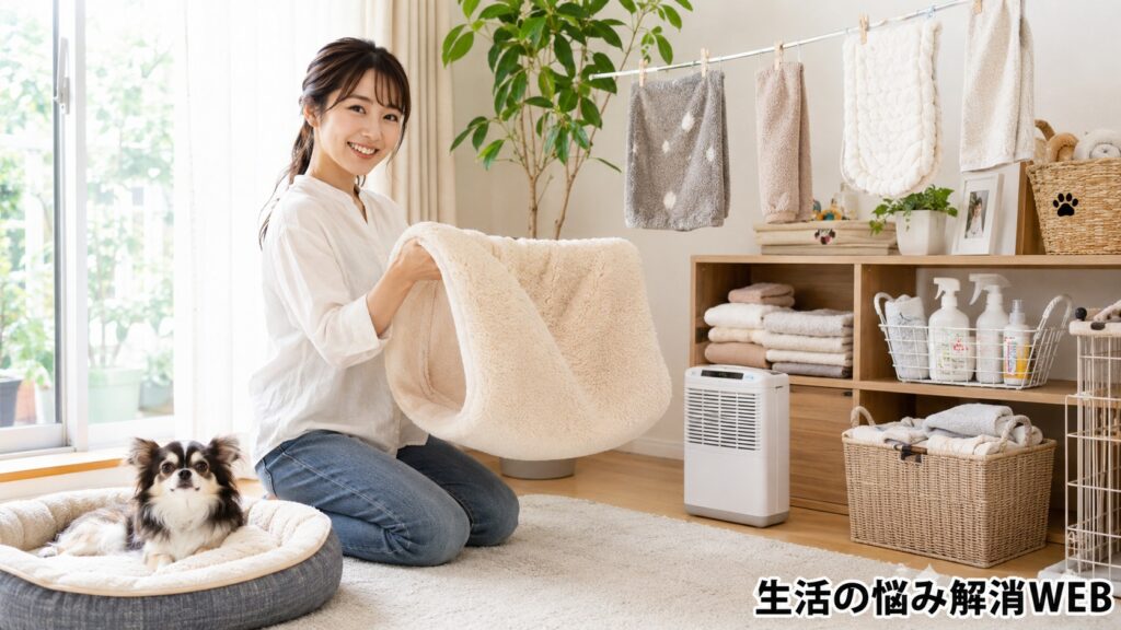洗って乾かしたペット用品を整え、除湿機や通気を意識して清潔な環境を保つ女性と小型犬