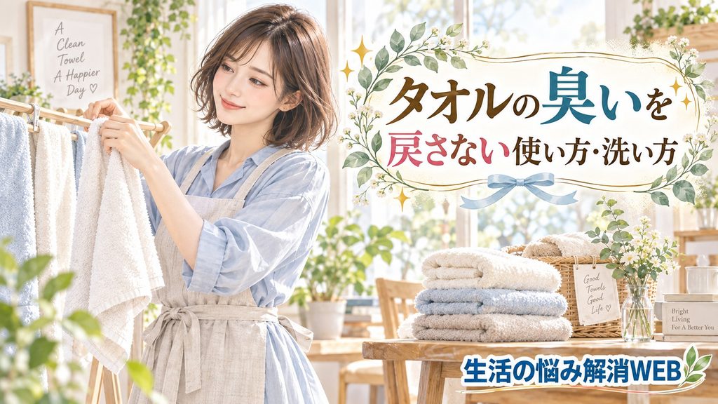 タオルの臭いを戻さないために、風通しよく干して乾かす女性のイラスト